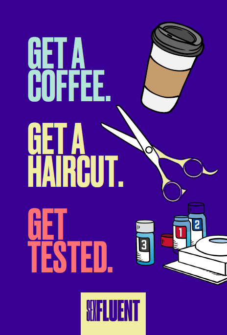 Get a coffee, get a haircut, get tested postcard image